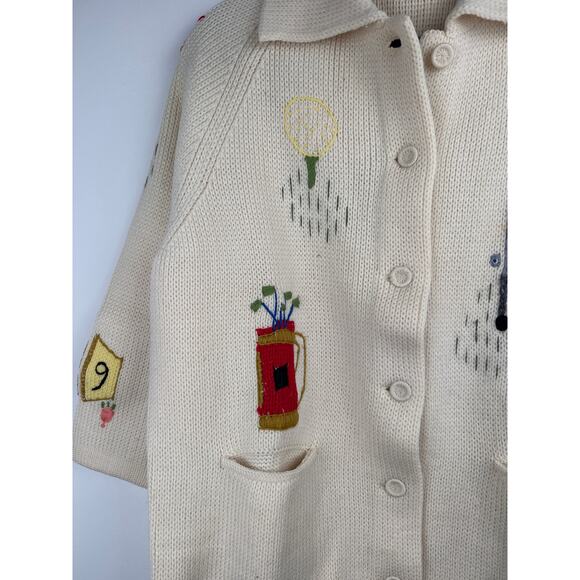 Vintage LeRoy Hand Knit 100% Wool Golf Cardigan Sweater w/Embroidery Sz.L - Picture 3 of 6